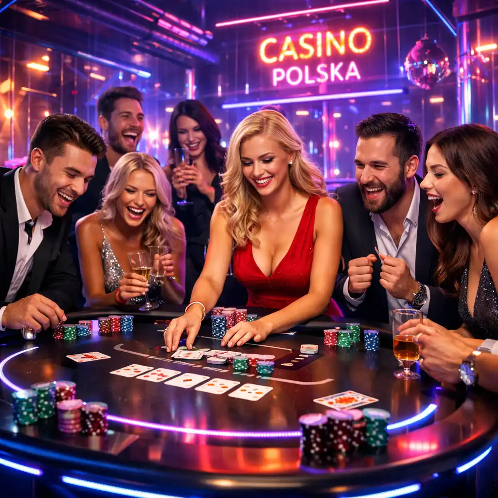 Stół pokerowy mobilnego kasyna otoczony gośćmi w neonowym świetle