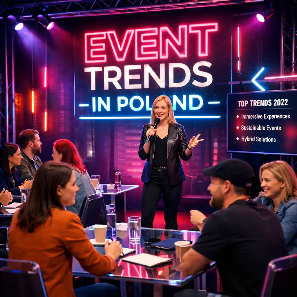 Panorama polskiego miasta nocą z neonowymi światłami symbolizująca trendy eventowe