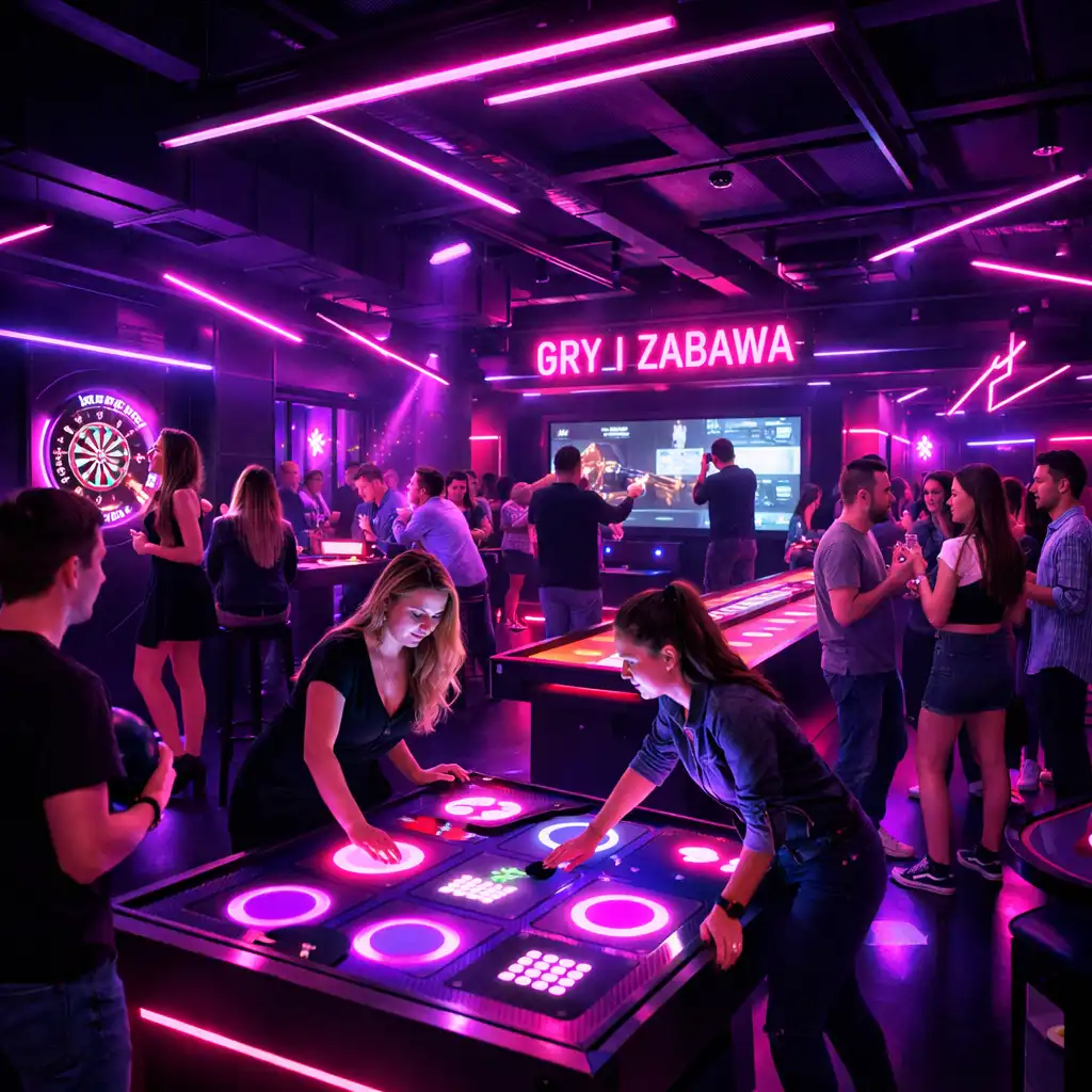 Neonowe światła i tłum gości podczas nocnej rozrywki