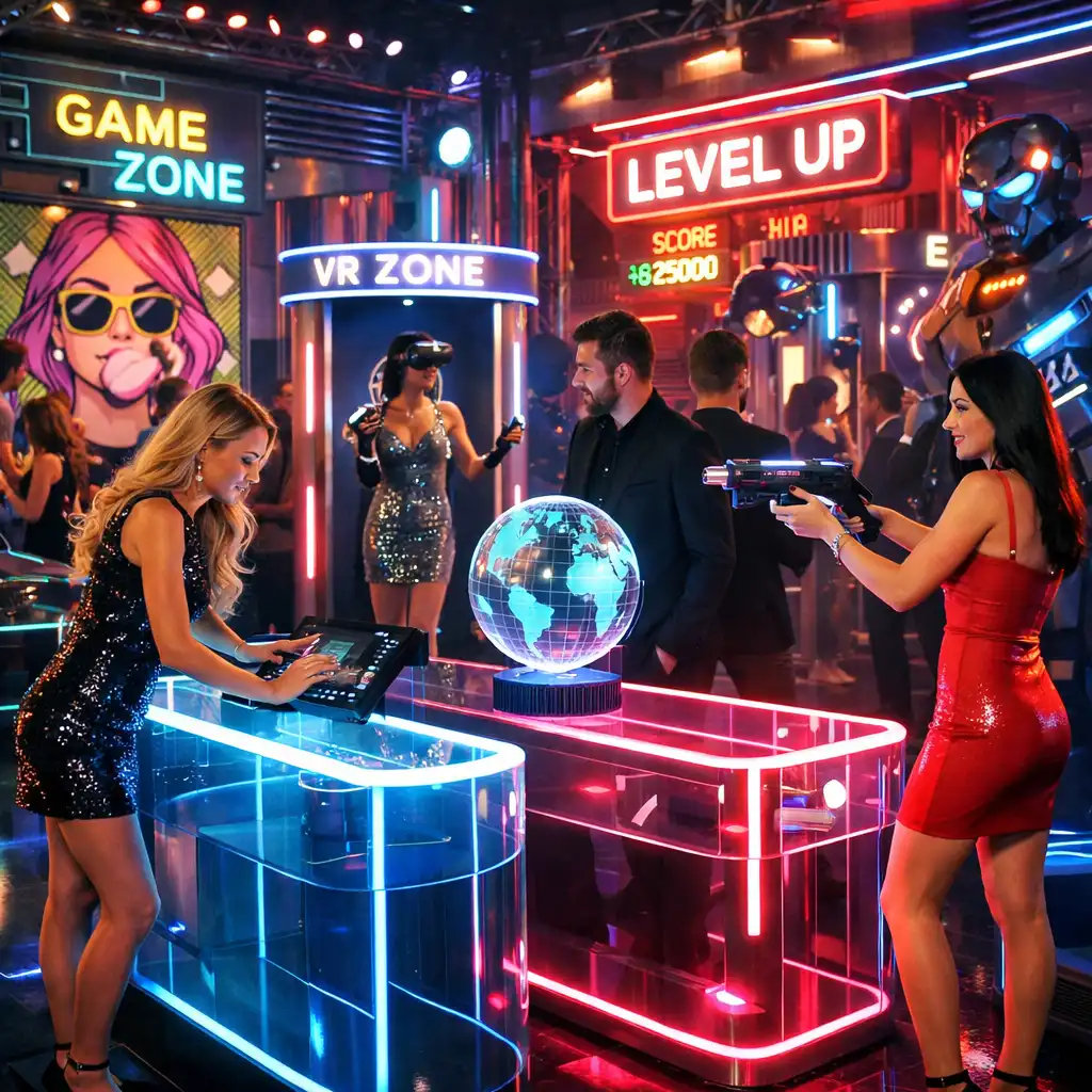 Kolorowa impreza tematyczna z neonową scenografią i stołami do gier